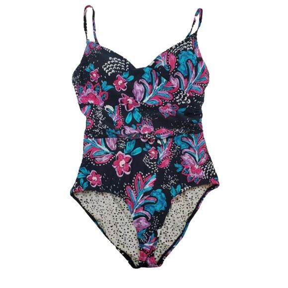 Anne Cole Swimwear That's a Wrap Black Floral One-Piece Swimsuit, Womens Size 12 - Picture 1 of 8